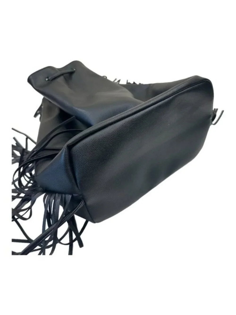 Victoria's Secret Backpack Solid Black Faux Suede Fringed Drawstring Bag Purse